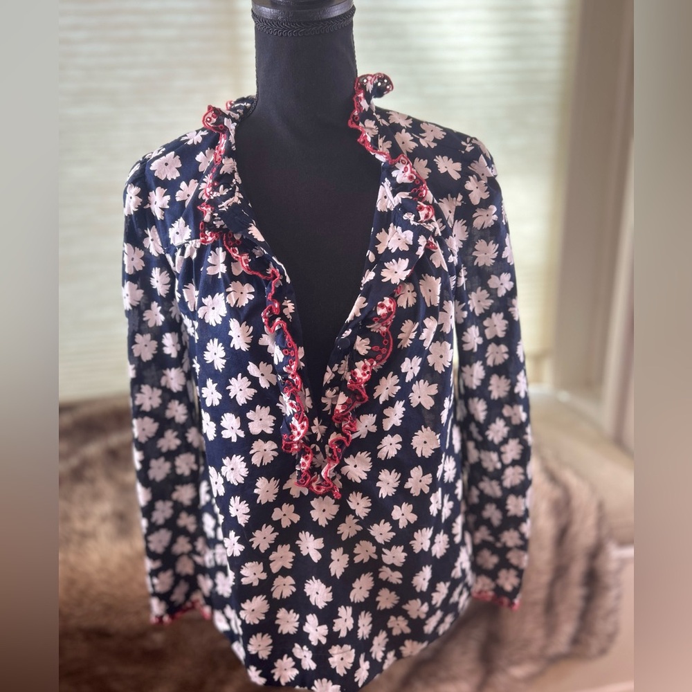 J Crew Cotton Blouse Navy/White Flower with Red Ruffle Trim